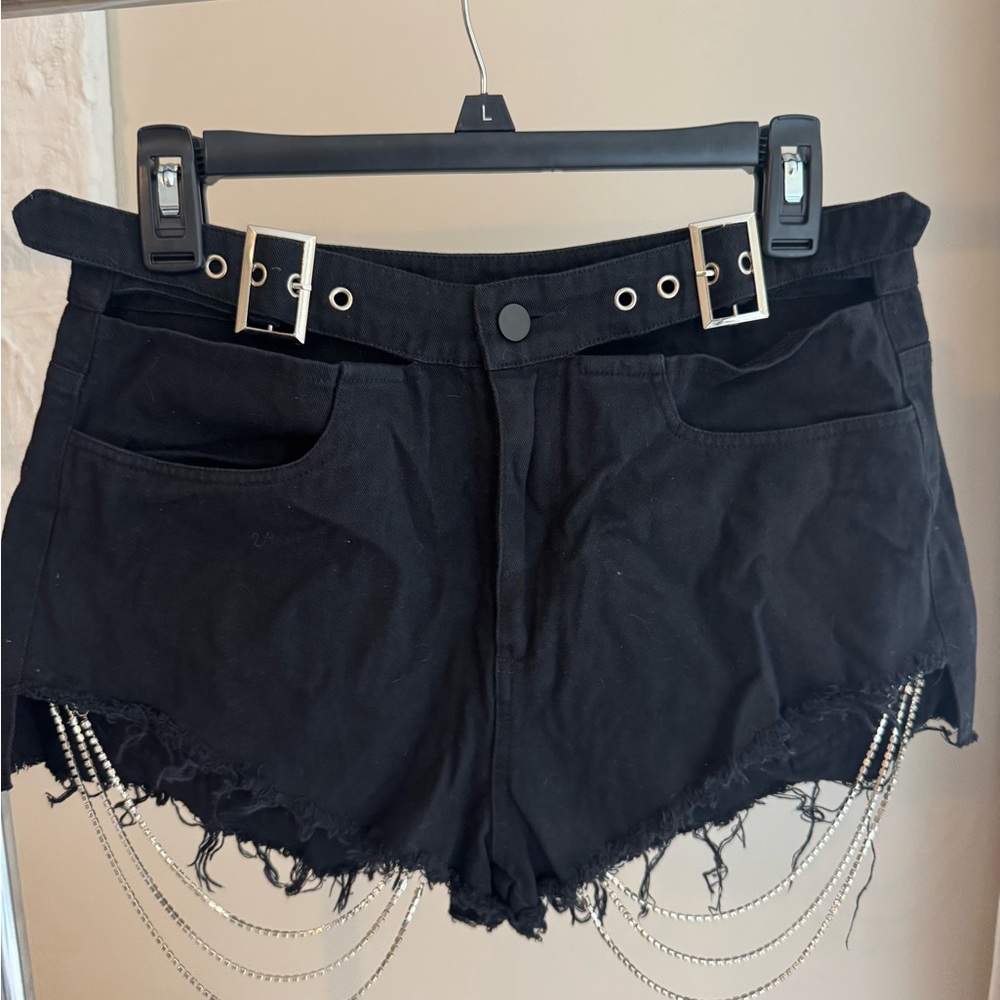 Stylish Black Denim Shorts with Chain Detail